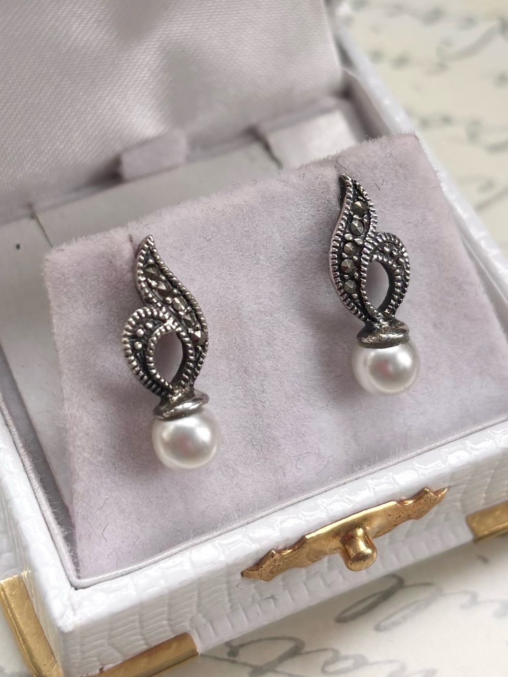 Estate Sterling Silver Pearl Drop Stud Earrings with Marcasite Detail